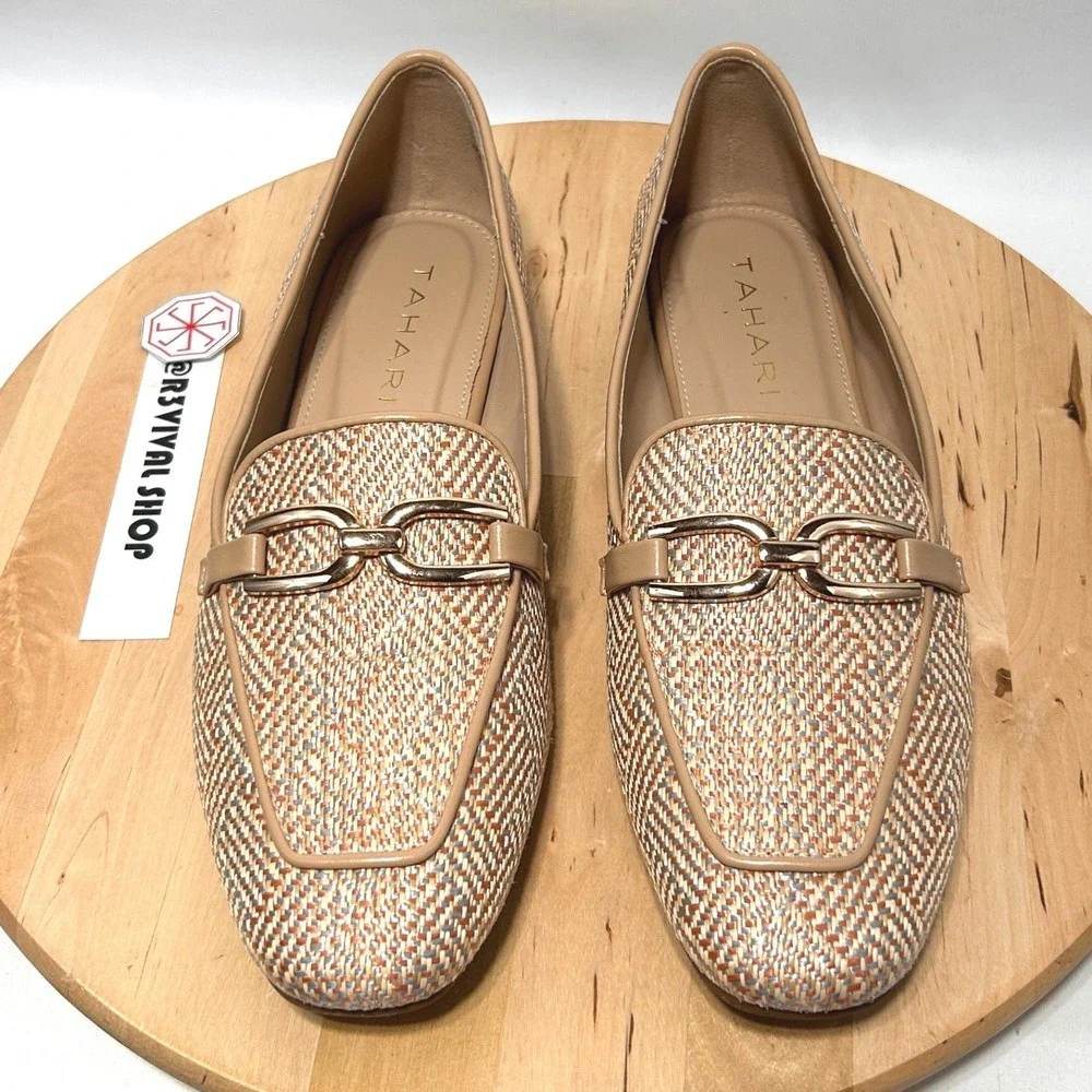Tahari Women's Beige Patterned With Gold-Tone Slip On Vegan Leather Loafers - 11